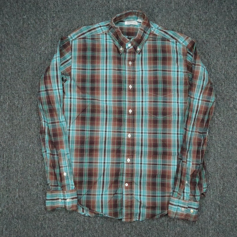 Gustin Shirt Mens Extra Large Blue Brown Plaid Long Sleeve Button Down USA